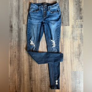 Indigo Rein Button Fly Distressed Skinny Jeans